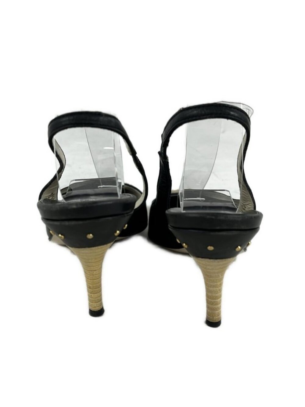 Gucci Sandals 34.5 C Black Light Gray Interlocking Studs Leather - Picture 3 of 6